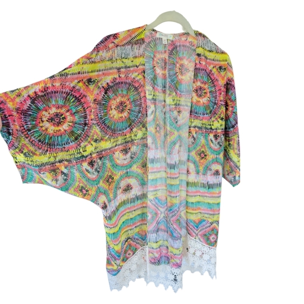Love Fire Boho Festival Kimono Lace Hem Colorful Cover Up M - Picture 7 of 8